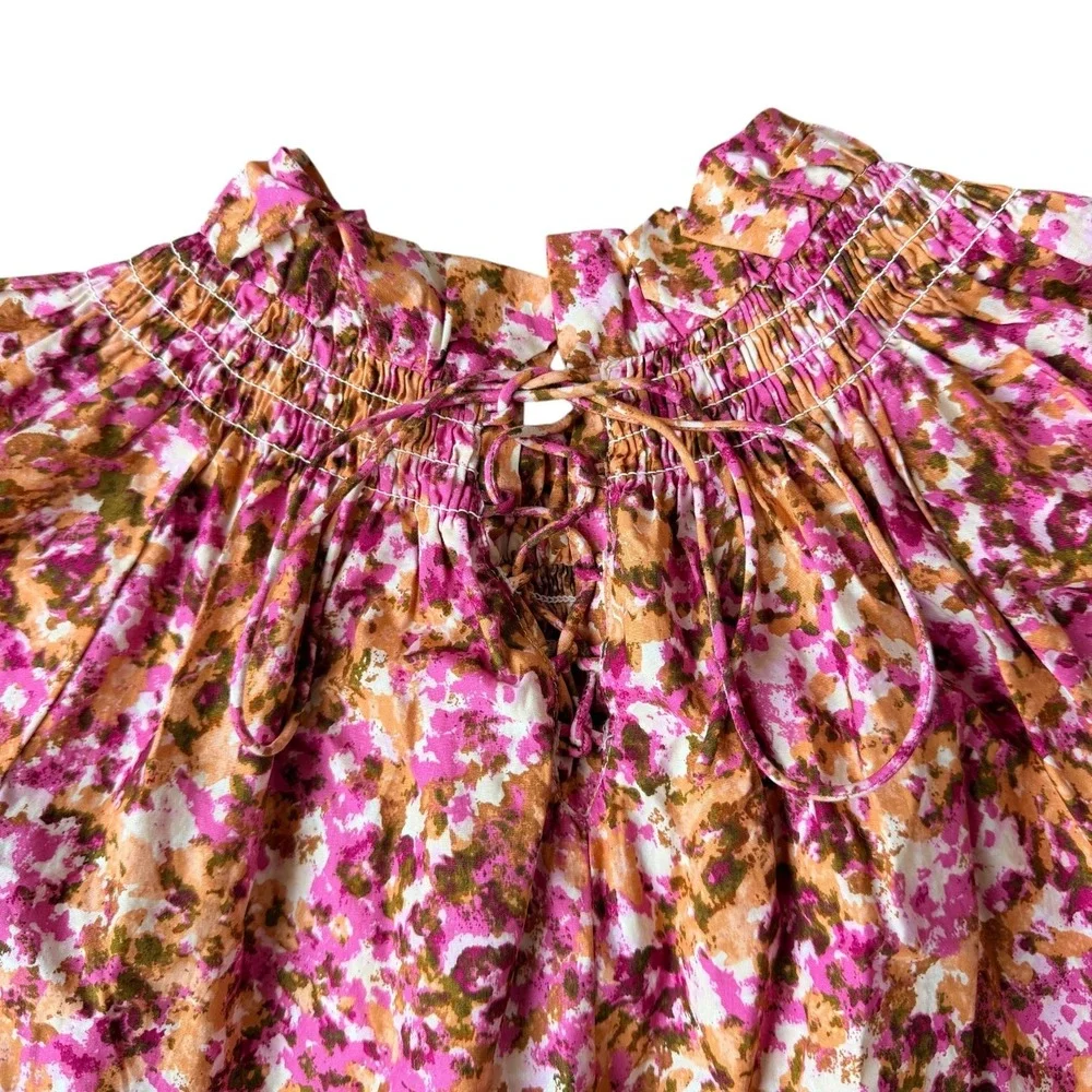 J.Crew Smocked Neck Puff Sleeve Top XS Pink Floral Lace Back Blouse